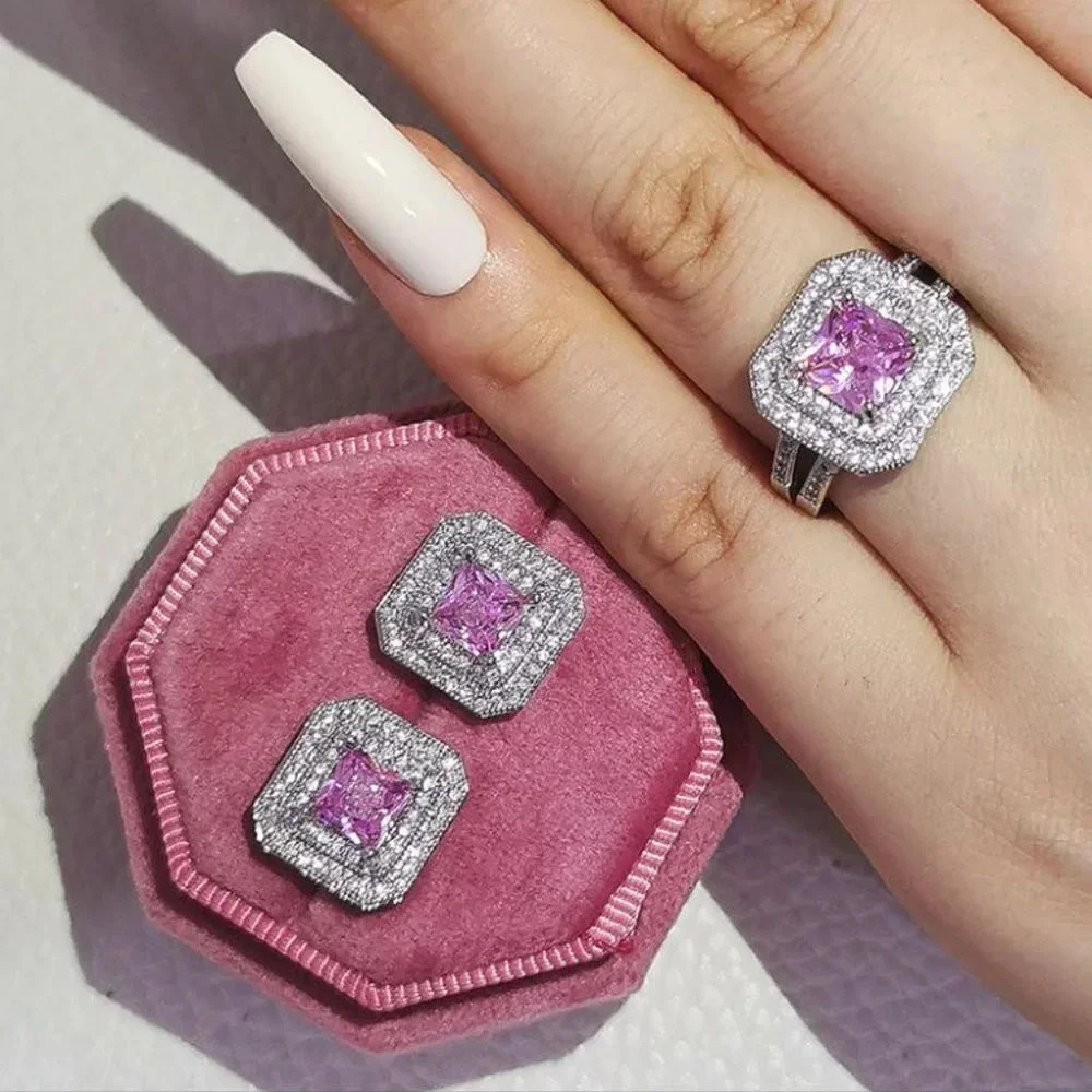 Sterling Silver Princess Cut Pink Sapphire Diamond Earring & Ring Jewelry Set